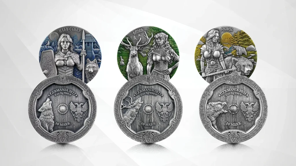 The reverse side of the Valkyries series showcases an innovative design, blending Germania Mint's iconic double-headed eagle with new Germanic runes and the respective goddess's animal emblem.