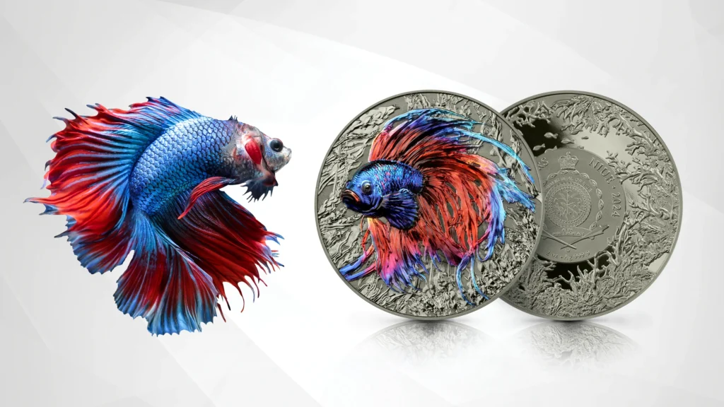 The coin weighs 2 ounces of fine silver, presenting the image of a red and blue fighter refined with metallic lustre.