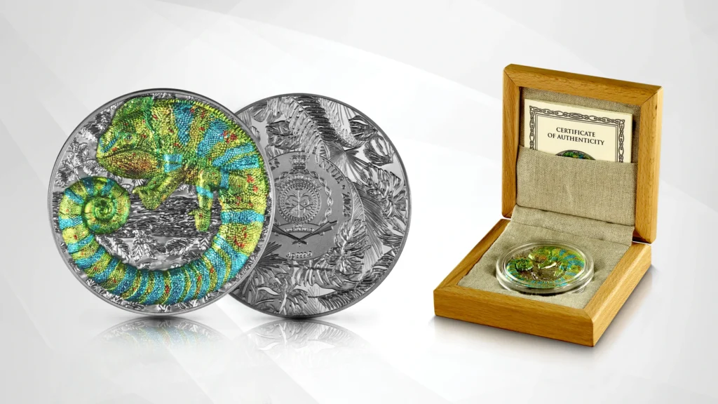 The coin's motif depicts a chameleon - a reptile that has aroused the curiosity of scientists and nature lovers for centuries.