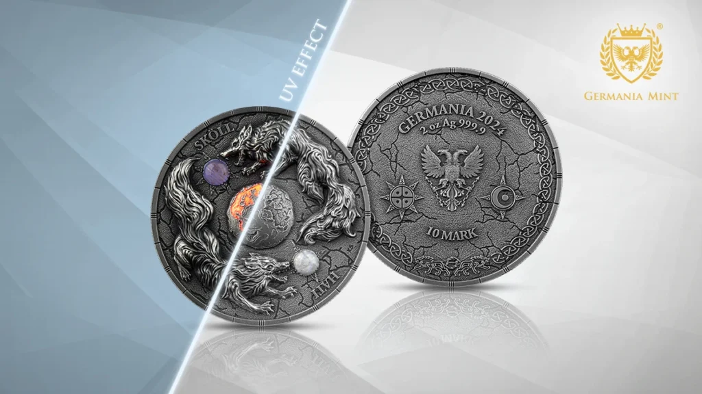 The graphic shows the images of the Sköll and Hati wolves on the Ultra High Relief coin with a UV effect on the coin.