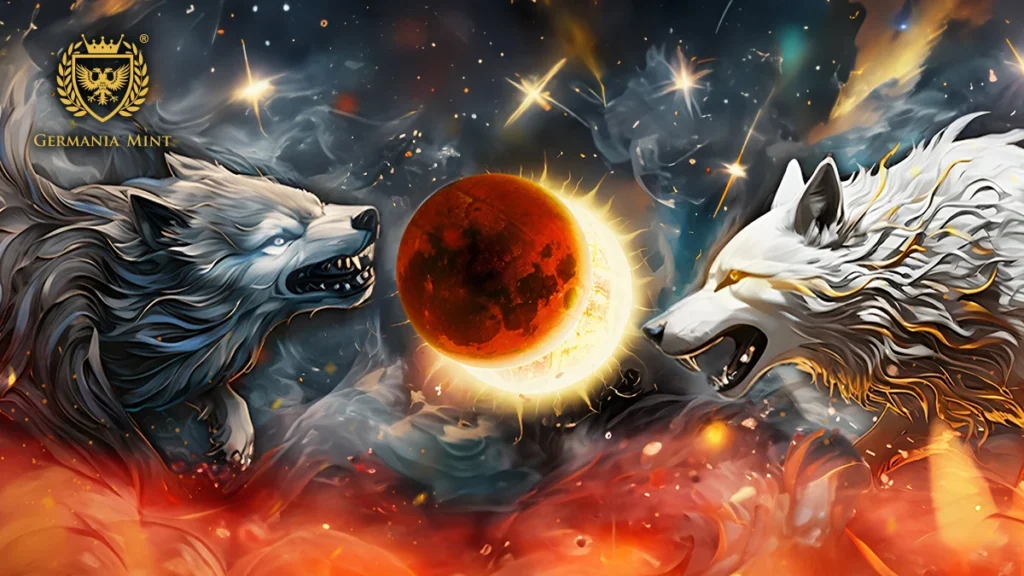 The graphic shows the Germanic wolves Sköll and Hati next to images of the sun and moon.