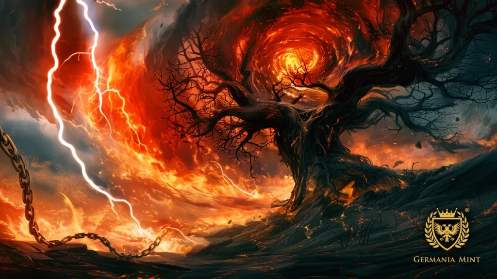 The artwork depicts Ragnarok - the Tree of Yggdrasil among flames and destruction.