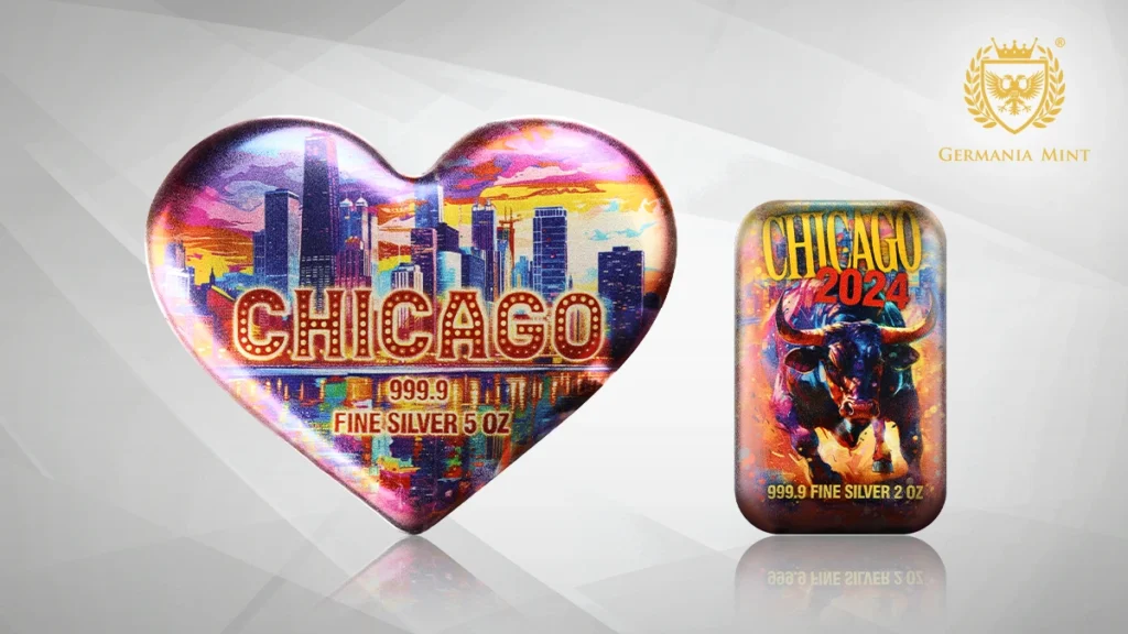 Two silver bars created for World’s Fair of Money 2024, one with the image of a bull and the other in the shape of a heart with the inscription "chicago".