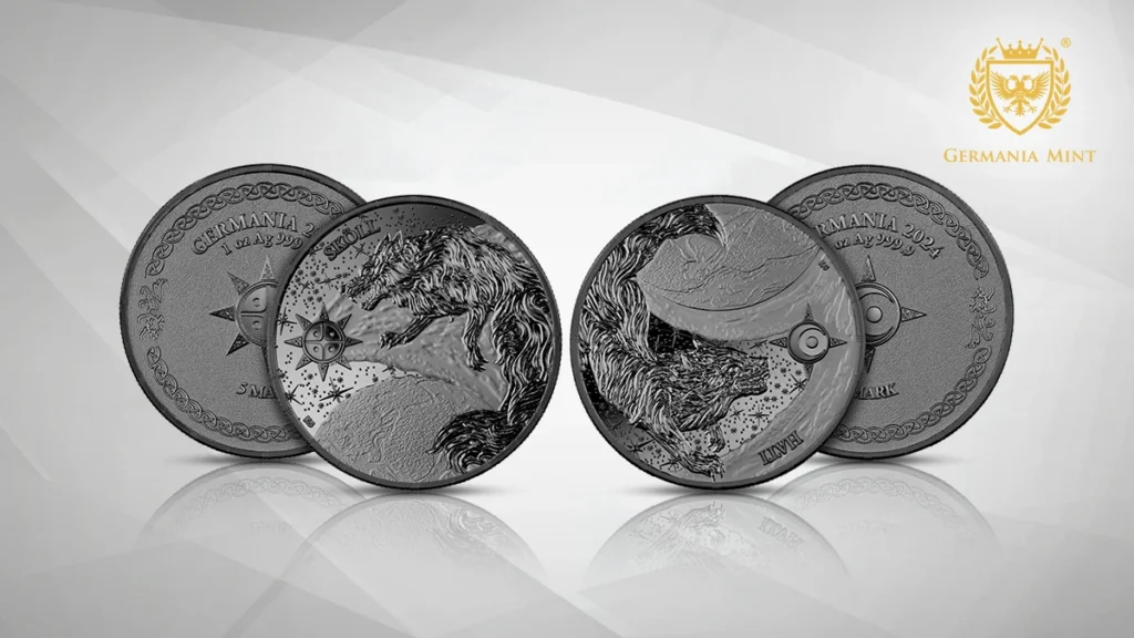 The graphic shows images of Sköll and Hati wolf coins made of black silver.