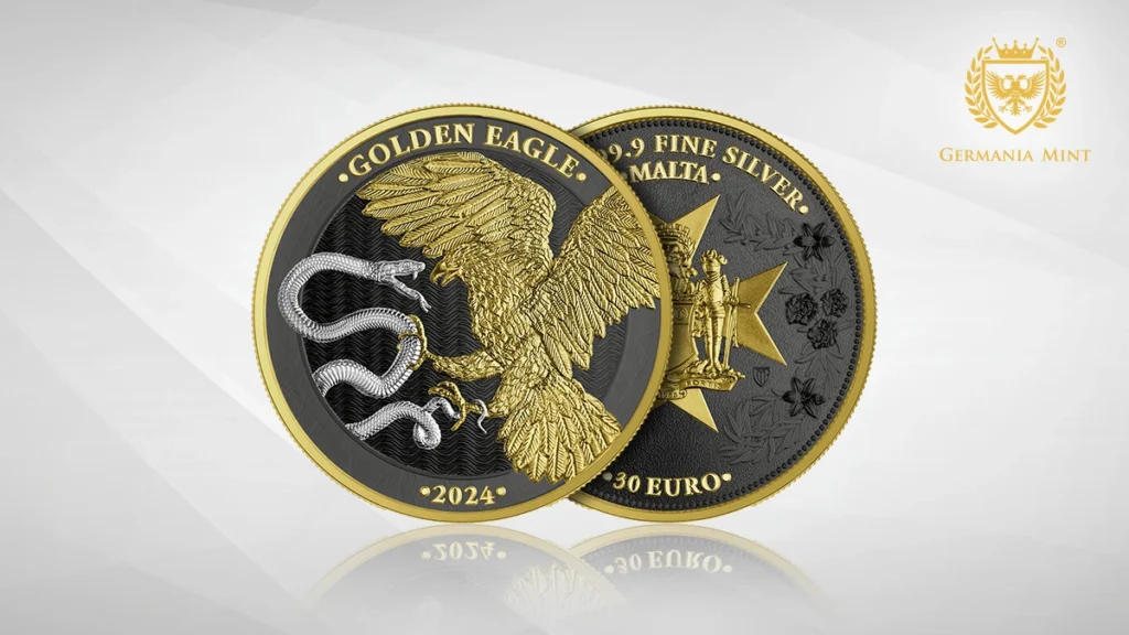 The graphic shows the obverse and reverse of the 2024 Malta Golden Eagle 30 Euro 1 Kilo Silver BU - Limited Edition