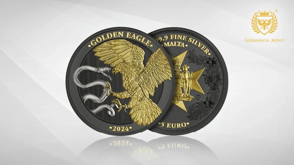 The graphic shows the obverse and reverse of the 2024 Malta Golden Eagle 5 Euro 1 oz Silver BU - Limited Edition.