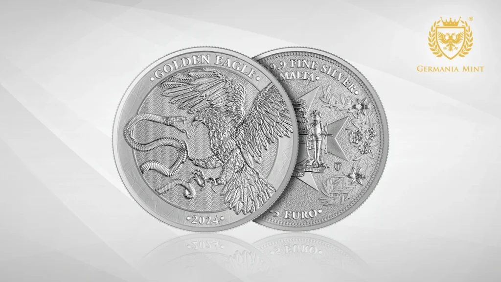 the graphic shows the obverse and reverse of the 2024 Malta Golden Eagle 5 Euro 1 oz Silver BU.