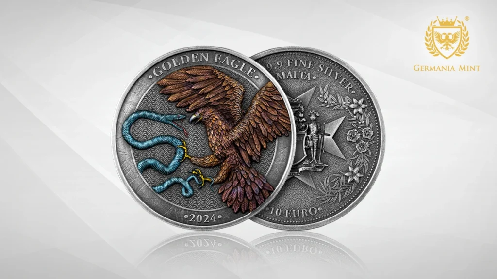 The graphic shows the obverse and reverse of the 2024 Malta Golden Eagle 10 Euro 2 oz Silver BU HR - Limited Edition.