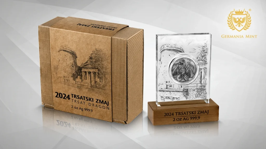 The Dragon of Trsat coin is presented in a display and with a cardboard packaging